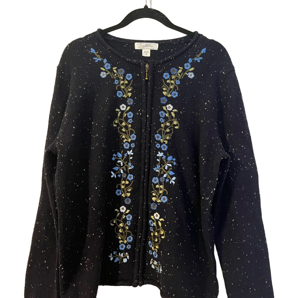 Vintage Navy Blue Zip Up Sweater with Floral Embroidery Size: XL